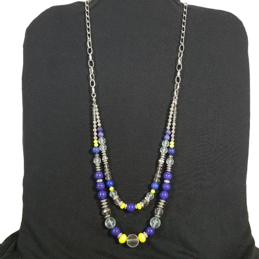 Loft Rope Necklace w/Crystals, Blue and Lime Green Beads on a Chrome Chain